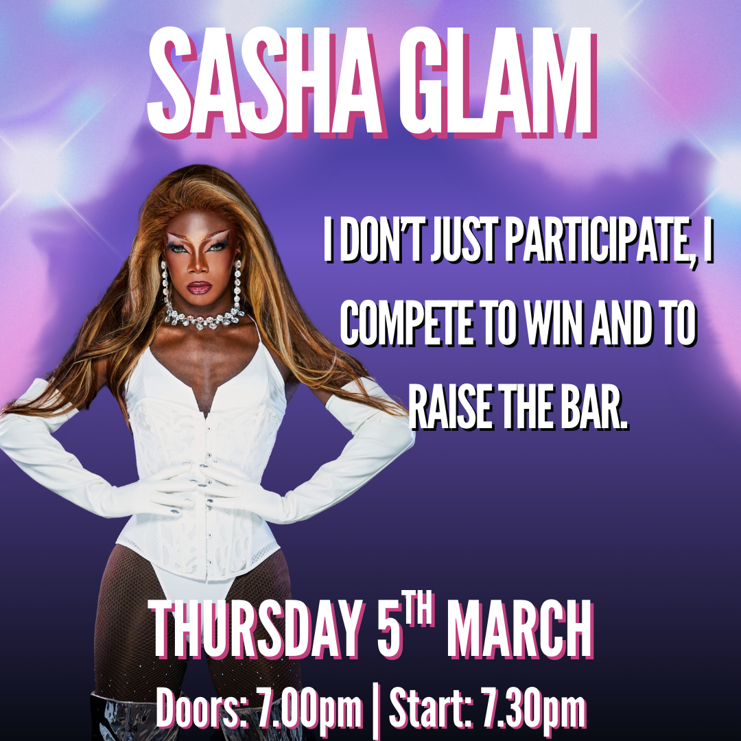 ```plaintext
Drag performer in glamorous costume promoting an event on 5 March, with show details and a motivational quote.
```