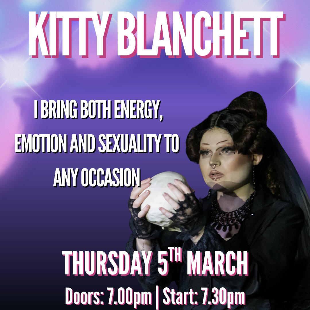 Drag performer with dramatic makeup and hair holds a glowing orb; event details: Thursday 5th March, 7.00pm start.