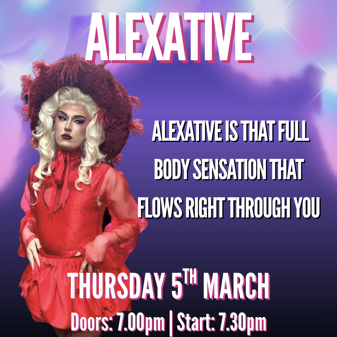 Drag performer in vibrant red outfit with feathered headdress, promoting York Pride event on 5th March, 7.30pm.