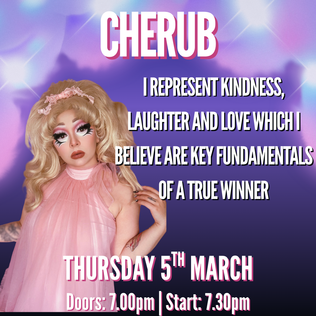 ```markdown
Alt text: Drag artist in pink dress with text promoting event on Thursday 5th March, doors open at 7pm, start at 7.30pm.
```