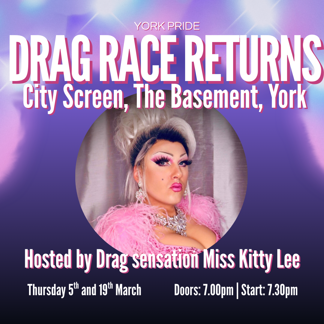 Drag race event poster featuring drag performer in glamorous pink outfit. Event dates: 5th and 19th March, York.