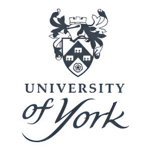 University of York emblem in black and white, featuring a detailed coat of arms above the university’s name in stylised text.