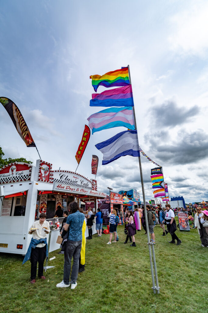 Outdoor festival with diverse Pride flags at York Pride, people enjoying food stalls under a cloudy sky.