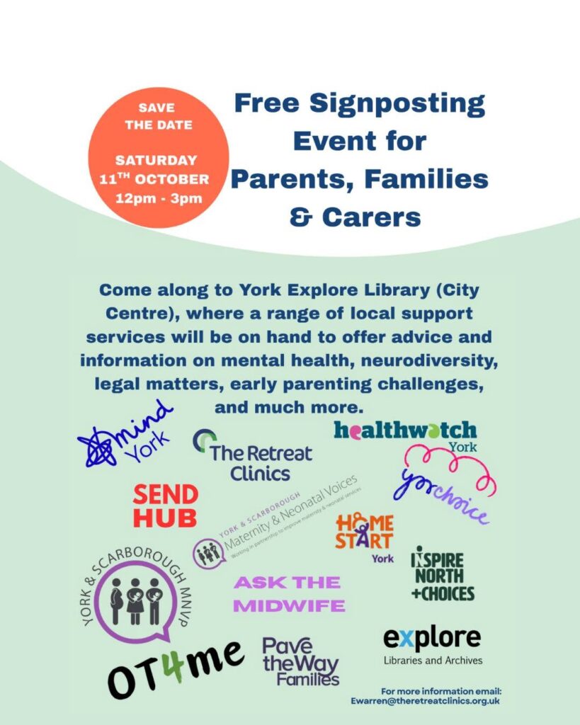 York Pride signposting event poster for parents, families, and carers. Features logos of participating organisations.