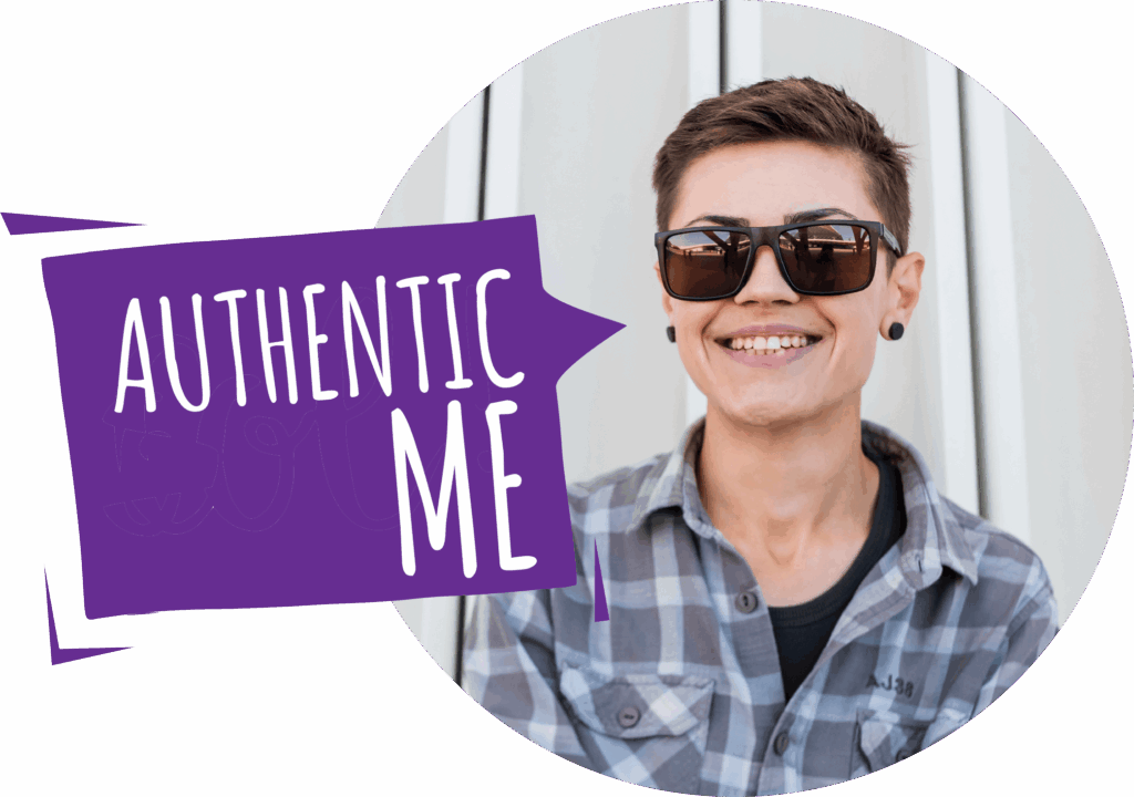 Smiling person in sunglasses with 'Authentic Me' text, promoting self-expression for York Pride, LGBT+ community focus.