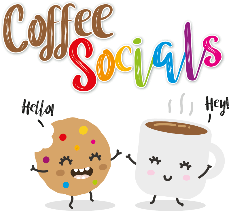 Cartoon cookie and coffee cup smiling under Coffee Socials text in rainbow colours, symbolising fun and inclusivity.