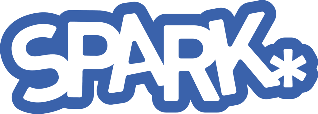 ```markdown
Alt text: SPARK logo in bold blue and white letters against a transparent background.
```