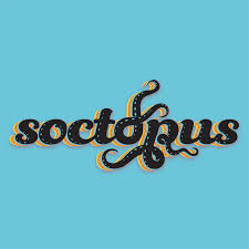 Bold 'Soctopus' text with tentacle design on bright blue background, showcasing creativity and diversity.