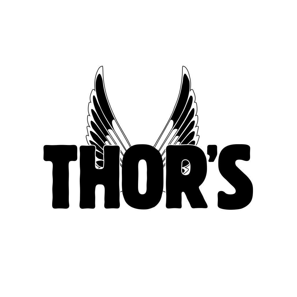 Thor's logo with black text and stylised wings, representing strength and inclusivity.