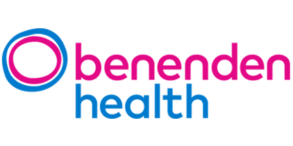 benenden health logo with pink and blue text on a transparent background.