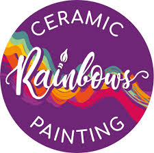 Purple circle logo with 'Ceramic Rainbows Painting' text and colourful rainbow waves, promoting creativity and inclusivity.