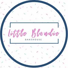 Alt text: Little Blondie Bakehouse logo with blue circle and confetti background, featuring pink cursive lettering.