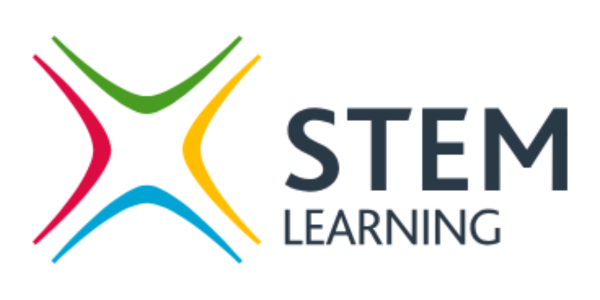 STEM Learning logo with colourful intersecting lines in red, green, yellow, and blue next to text on a white background.