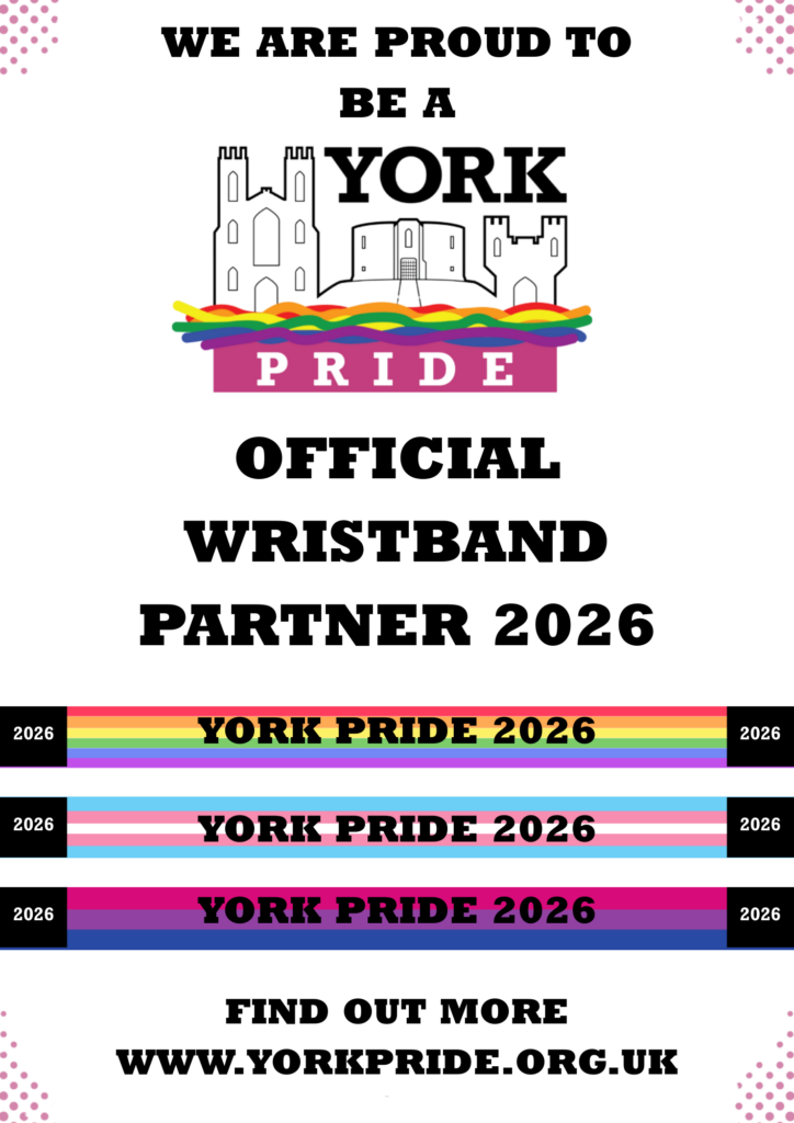 Alt text: York Pride 2026 wristband partner announcement with rainbow colours and event details.