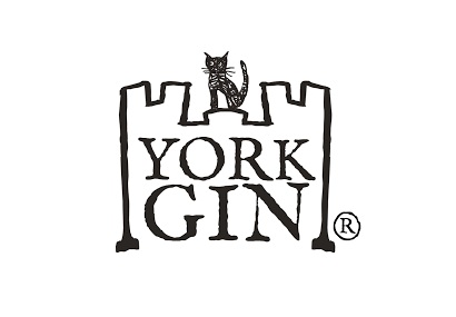 York Gin logo featuring a cat perched between two historical towers. Black and white design with elegant lettering.