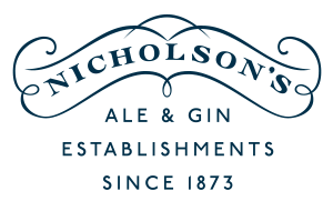 Nicholson's Ale & Gin logo, featuring ornate script and established date of 1873, symbolising tradition and quality.