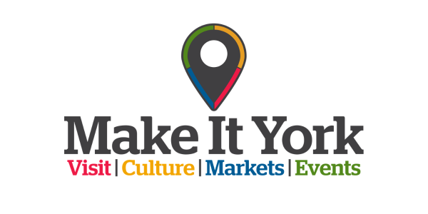 Make It York logo featuring multi-coloured map pin, promoting visit, culture, markets, and events in York.