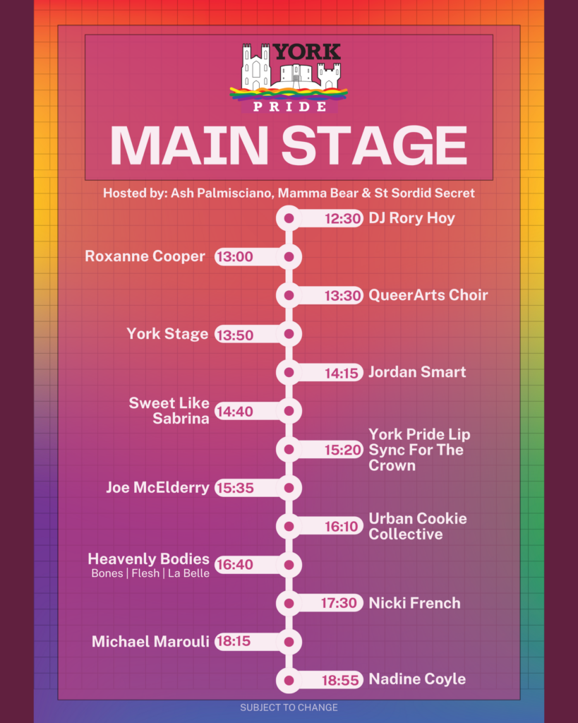 'York Pride Main Stage schedule with event times and performers, featuring diverse acts and inclusive hosts.'