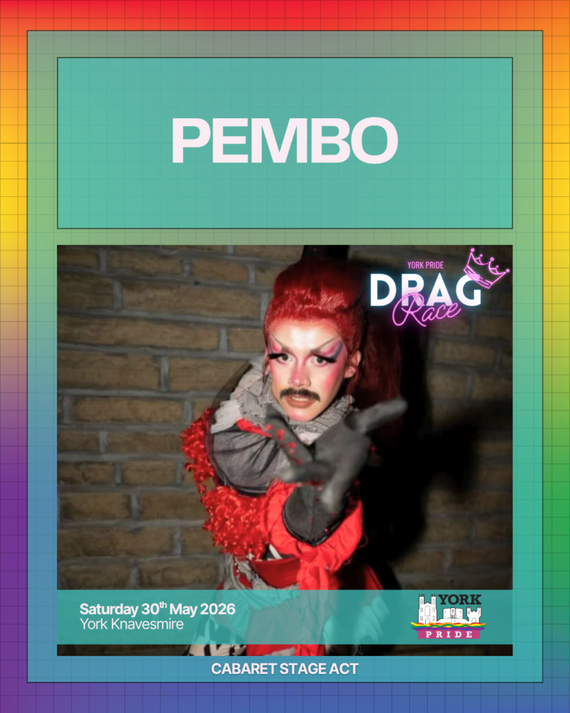 ```plaintext
Performer in vibrant drag attire at York Pride Drag Race cabaret, York Knavesmire, 30th May 2026.```