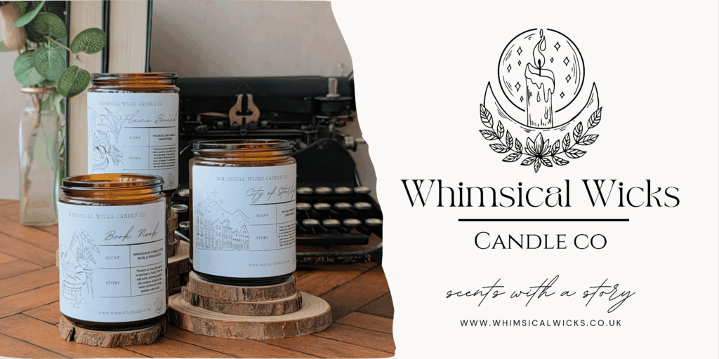 Candles with illustrated labels sit on wooden coasters near a vintage typewriter and plant. Whimsical Wicks logo present.