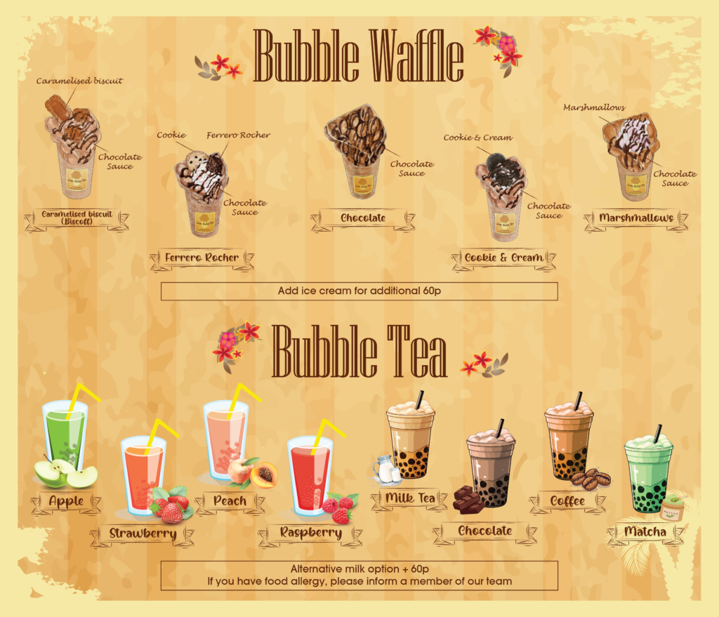 Bubble waffle and bubble tea flavours, including caramelised biscuit, Ferrero Rocher, matcha, peach, and chocolate options.