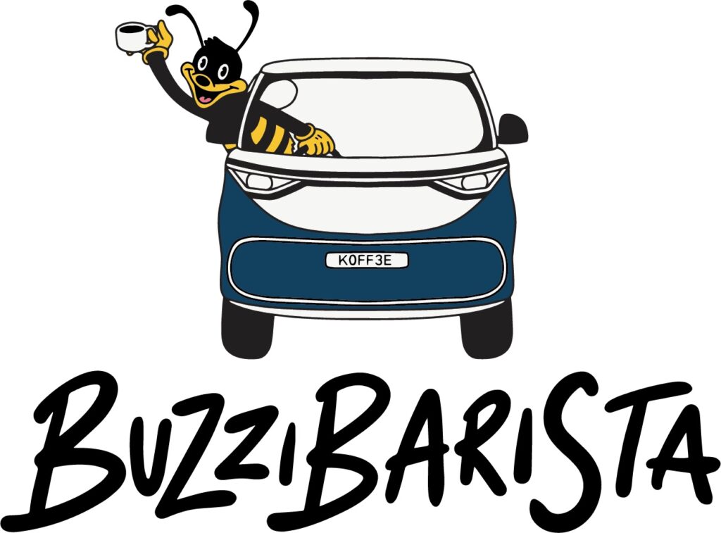 Buzzy character holding a coffee cup, waving from a car window with a KOFF3E plate. Text: Buzzi Barista.
