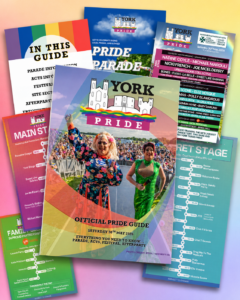 ```markdown Alt text: York Pride 2026 guide covers with diverse, vibrant events and parade information displayed. ```