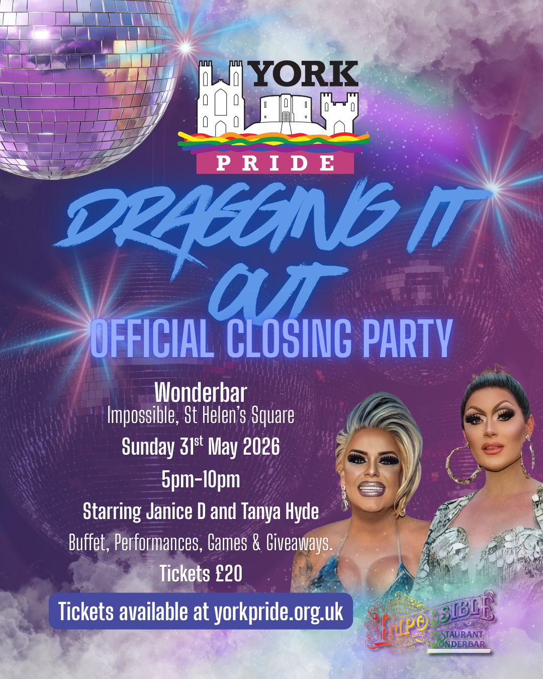```plaintext
York Pride Dragging It Out closing party poster with performances, games, a buffet, and giveaways on 31 May 2026.
```
