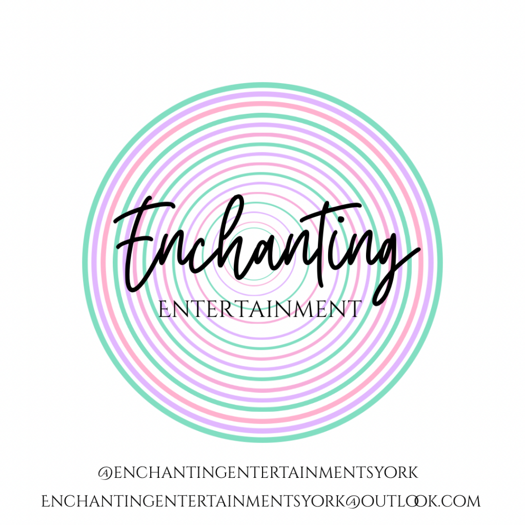 Enchanting Entertainment logo with pastel circle design and contact info for York Pride engagement.