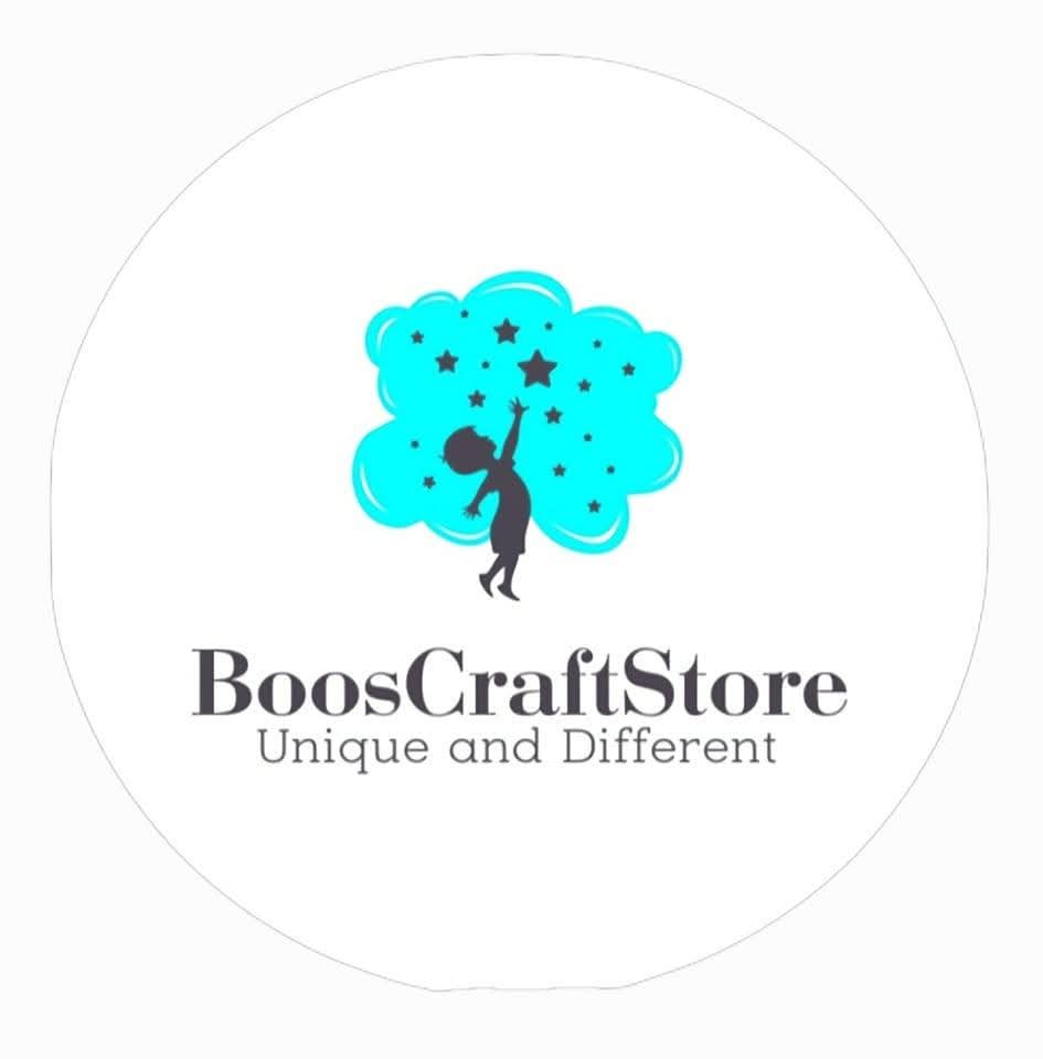 Logo of BoosCraftStore featuring silhouette of a person reaching stars in a blue cloud, with slogan Unique and Different.
