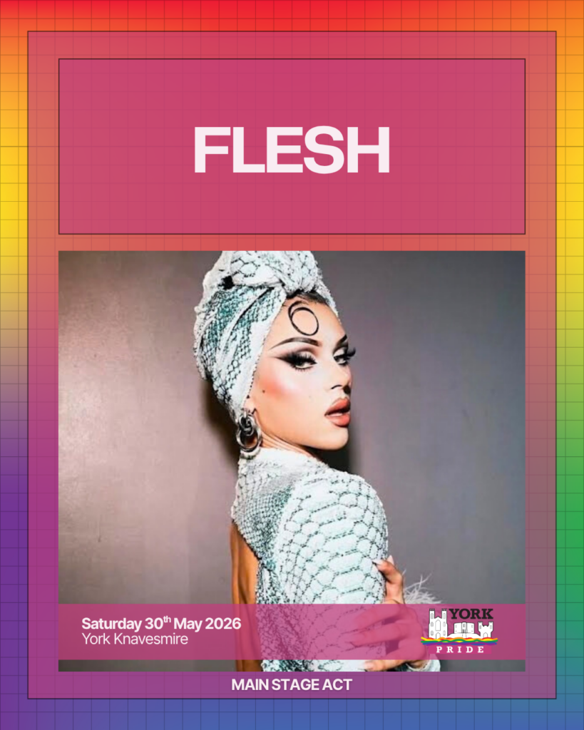 ```markdown
Drag artist poses in sequined outfit with dramatic makeup, promoting York Pride event on 30th May 2026 at York Knavesmire.
```