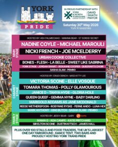 “York Pride poster featuring event details, performers, locations, and vibrant rainbow design. Celebrating diversity and inclusion.”