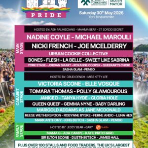 “York Pride poster featuring event details, performers, locations, and vibrant rainbow design. Celebrating diversity and inclusion.”