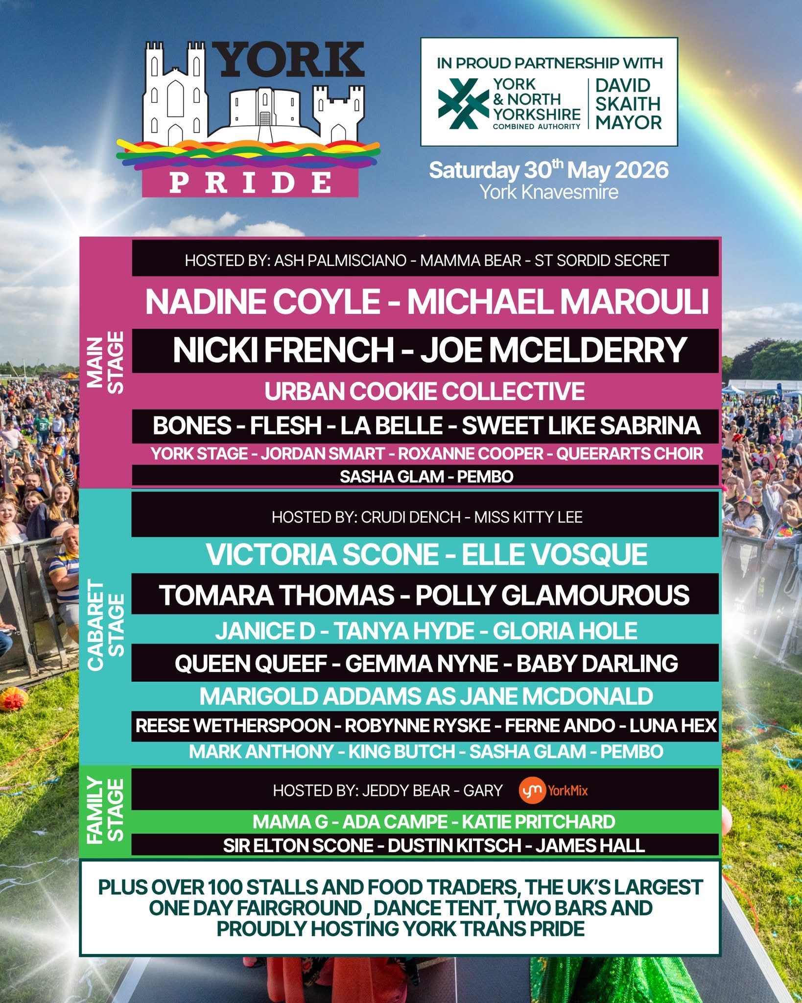 “York Pride poster featuring event details, performers, locations, and vibrant rainbow design. Celebrating diversity and inclusion.”