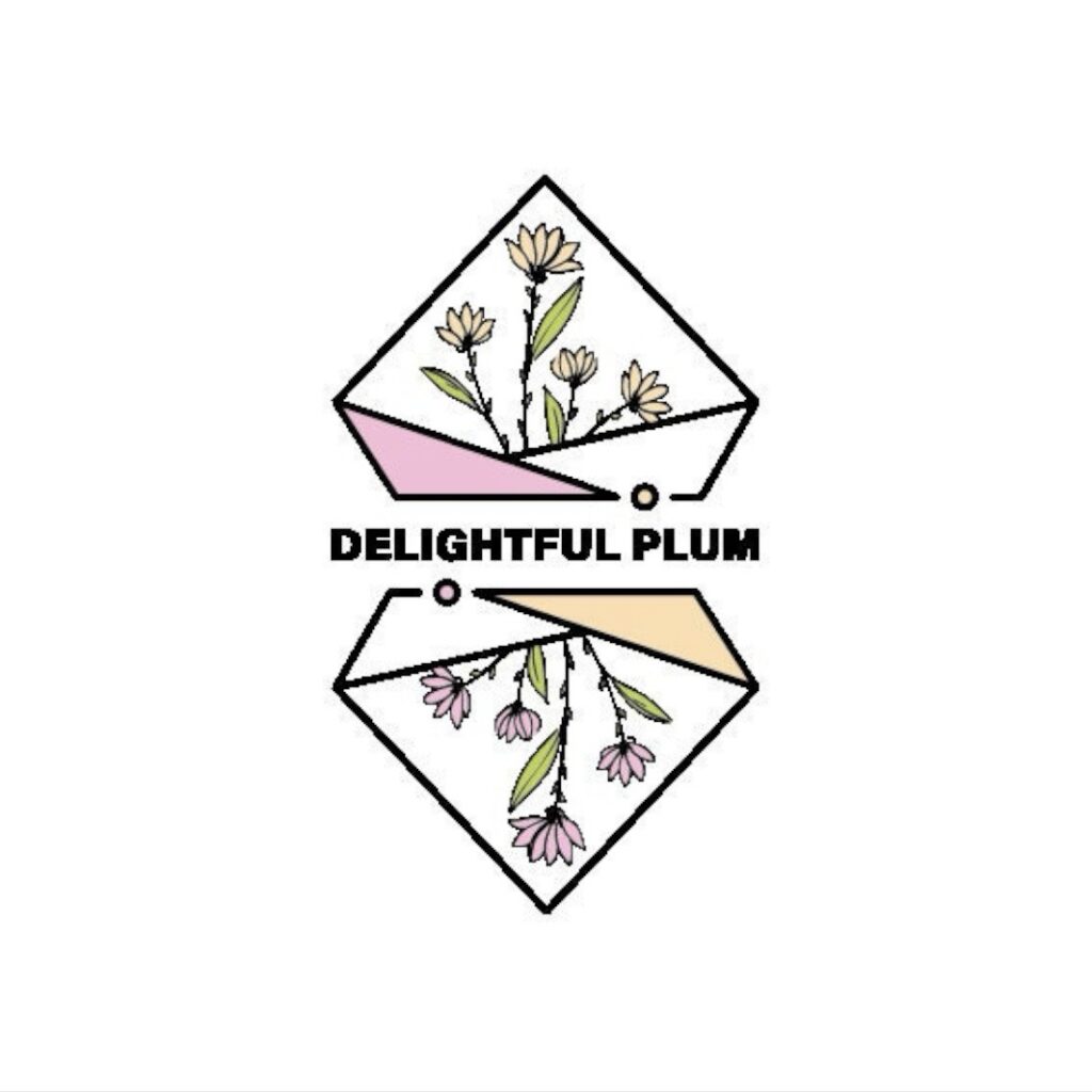 Logo for Delightful Plum featuring pastel geometric shapes and delicate flowers.