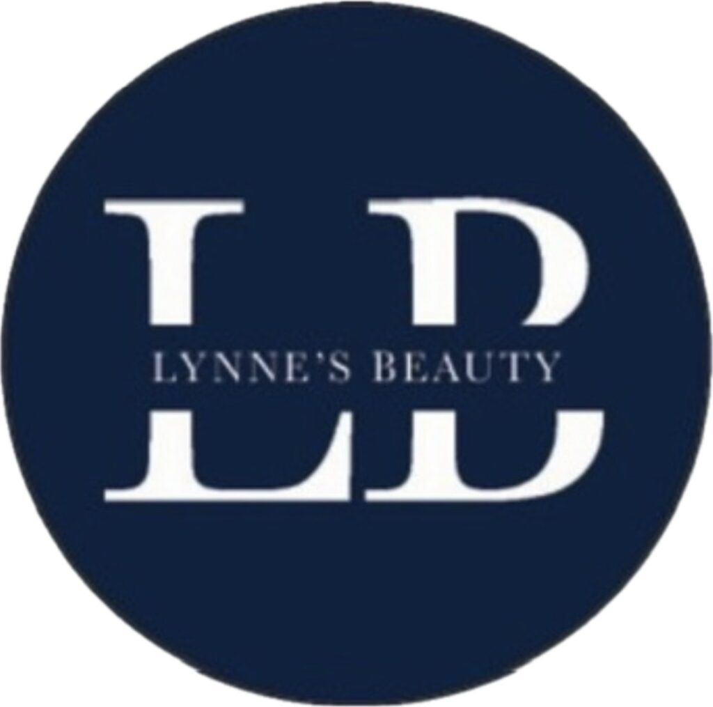 Lynne's Beauty logo with the initials L and B in white on a dark blue circular background.