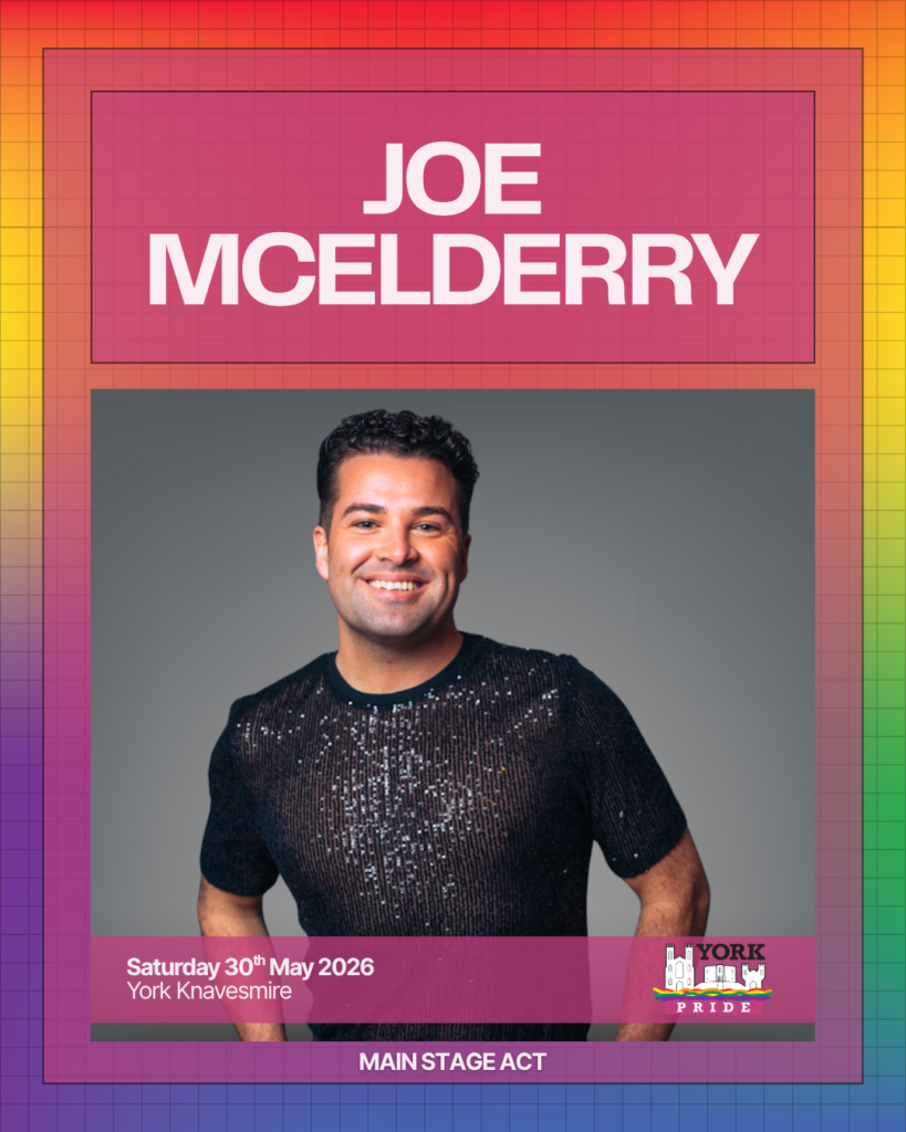 Main stage act with a smiling individual wearing a sequined top. York Pride event details included.