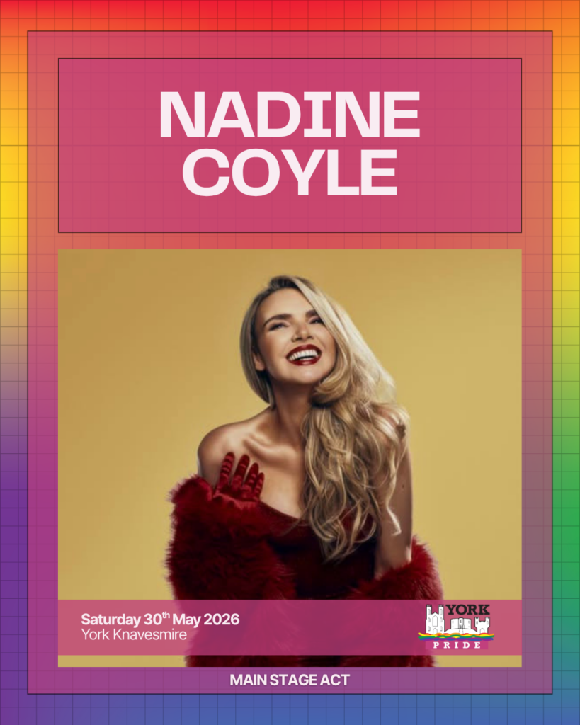 ```markdown
Promotional poster for York Pride 2026 featuring main stage act announcement.
```