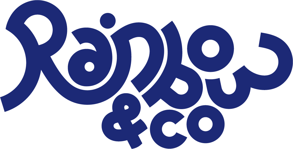 Logo with the text Rainbow & Co in bold, playful blue typography on a white background.