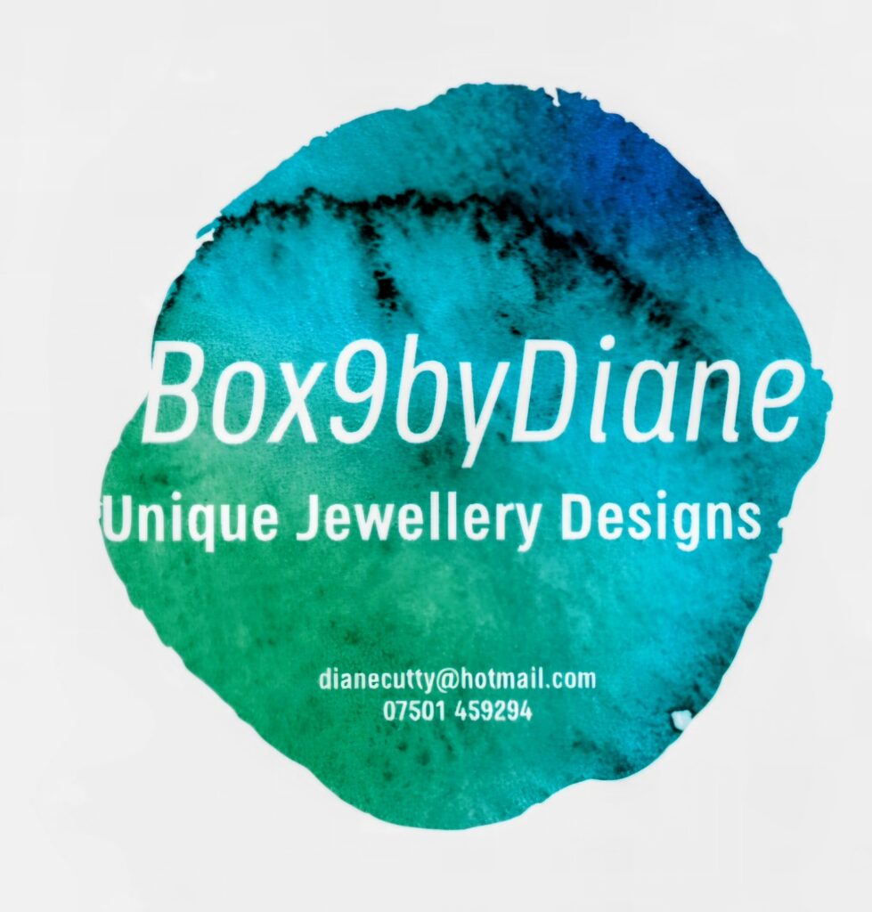 Box9byDiane logo in turquoise and blue, advertising unique jewellery designs with contact email and phone number.