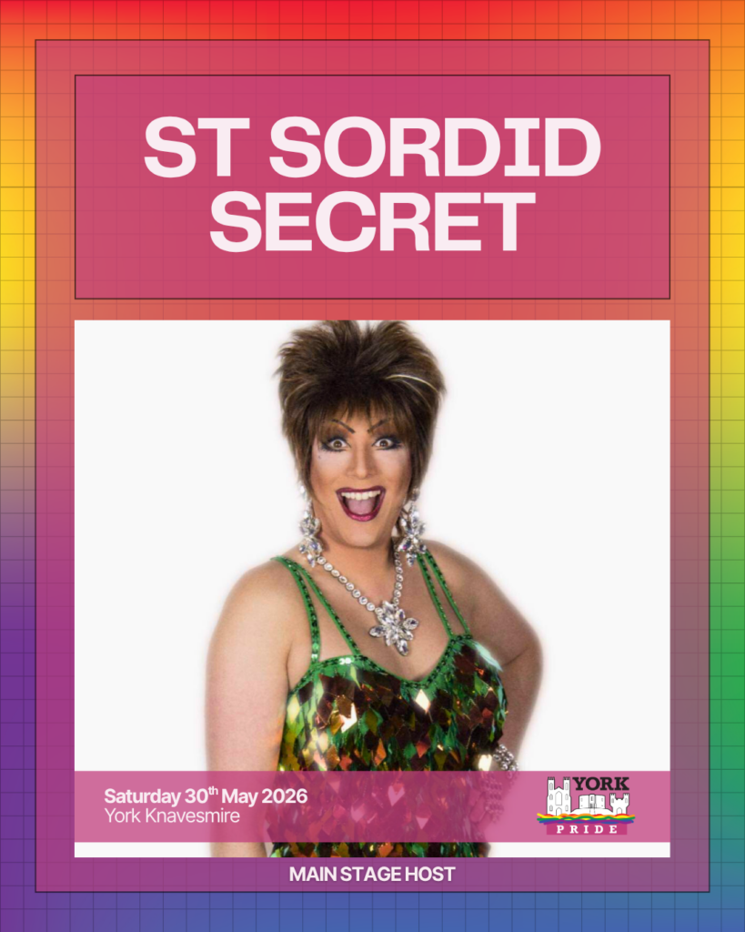 ```plaintext
Drag performer in sequined attire promoting York Pride on 30th May 2026 at York Knavesmire. Main stage host.
```