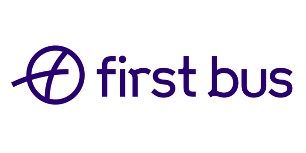 First Bus logo in purple, supporting York Pride with accessible transport services.