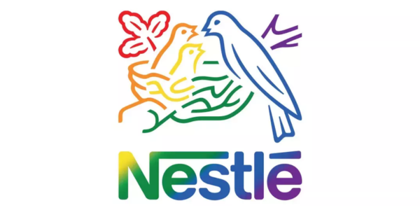 Nestlé logo in rainbow colours, featuring a bird with chicks, supporting LGBT+ inclusivity at York Pride.