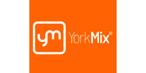 YorkMix logo on an orange background, featuring stylised white 'ym' letters and text.