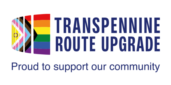 ```plaintext
Logo with Progress Pride flag colours, text Transpennine Route Upgrade, Proud to support our community.
```