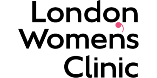 Logo for London Women's Clinic with modern black text and pink dot, providing reproductive services.