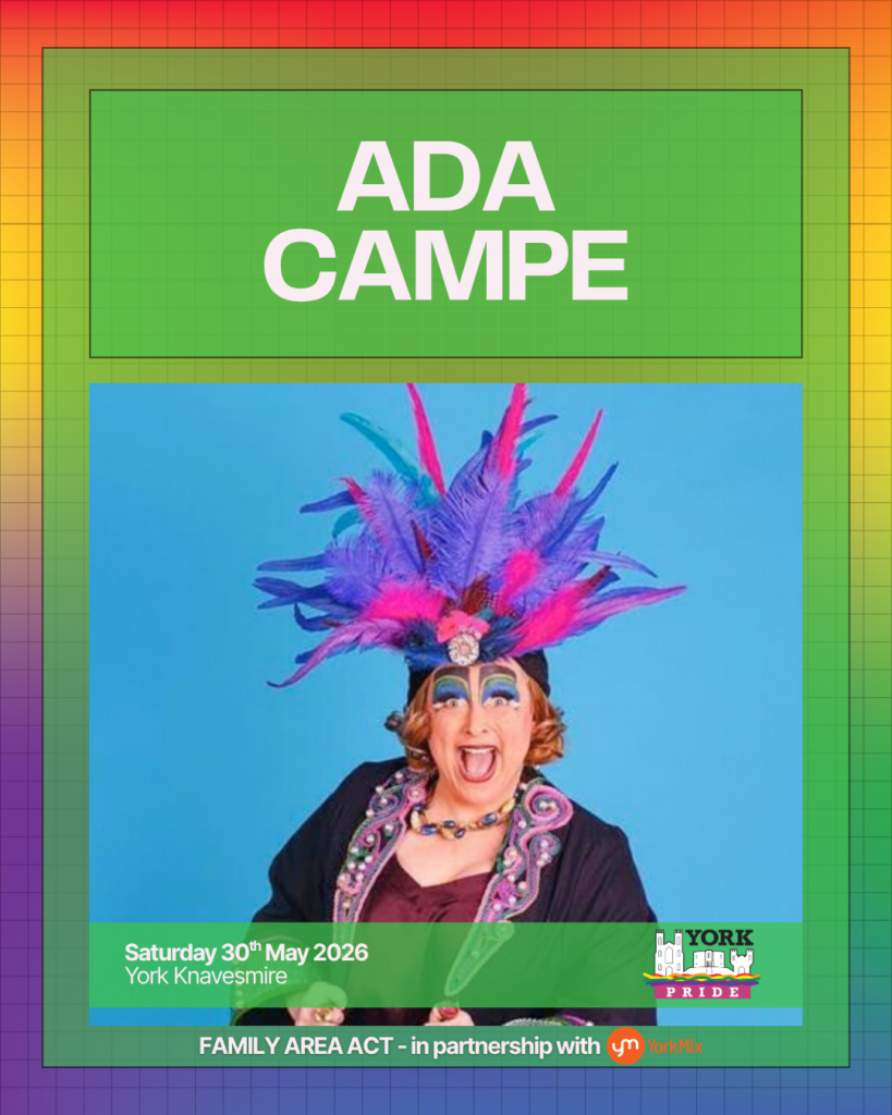 A performer in a vibrant feather headdress at York Pride event, taking place Saturday, 30th May 2026. Family area act.