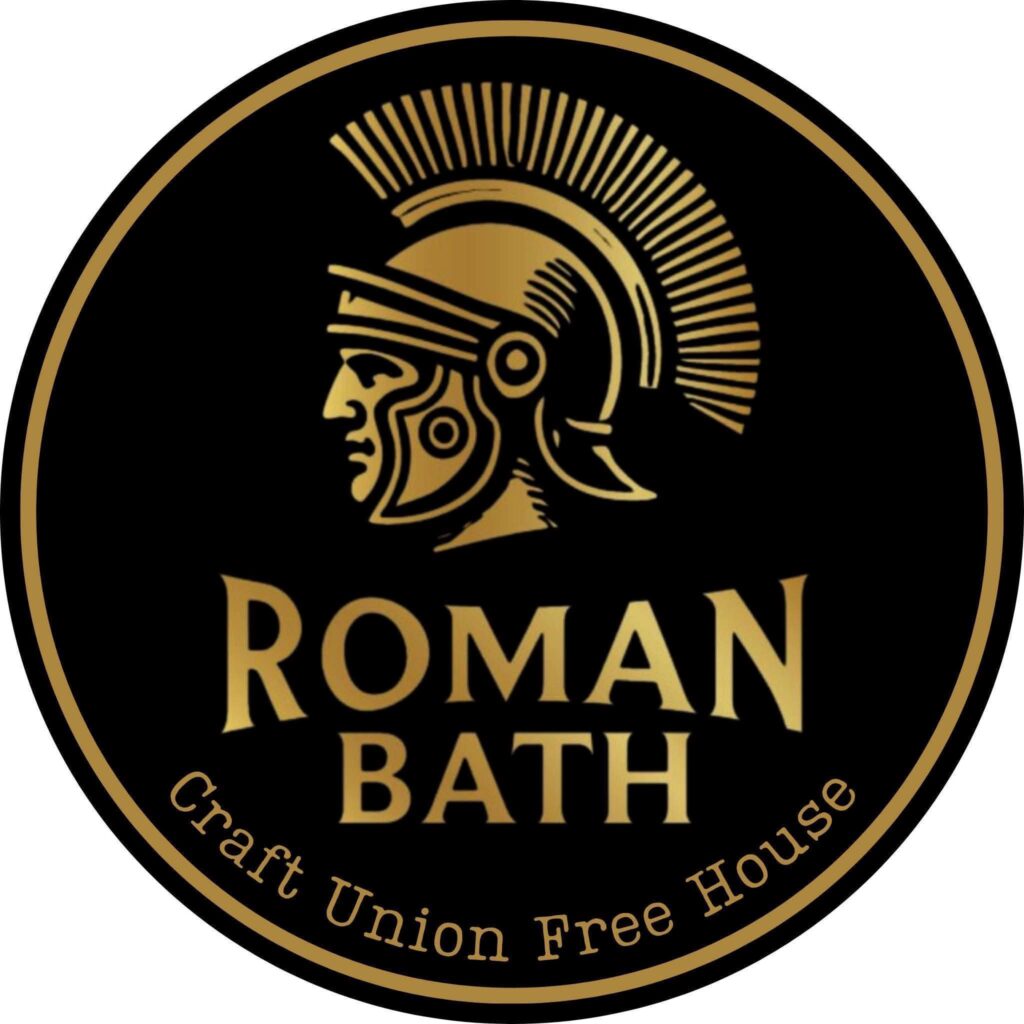 Roman Bath logo with a golden helmeted figure and text, Craft Union Free House, on a black circular background.