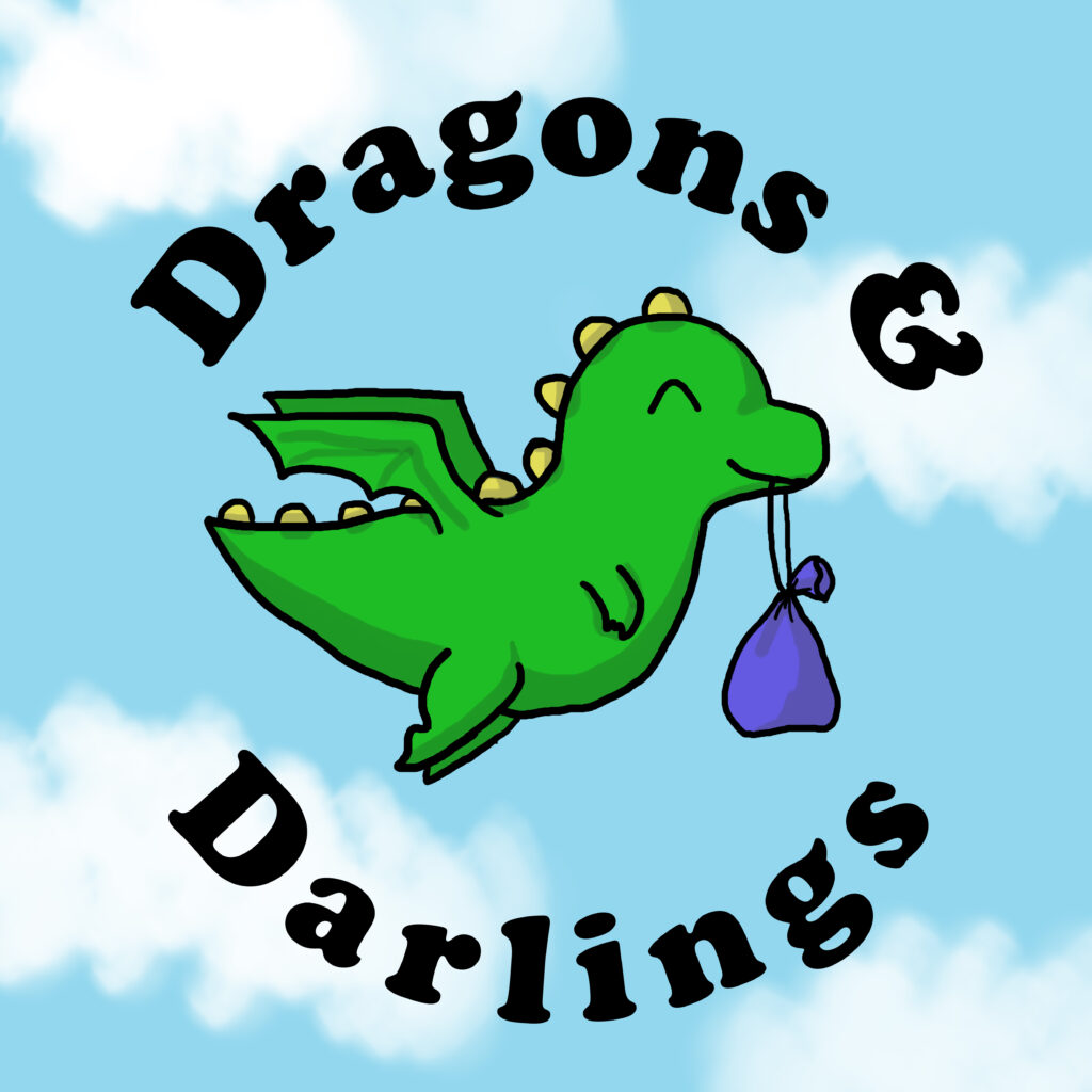 Green dragon carrying a bag flies amidst fluffy clouds, with Dragons & Darlings text. Playful and whimsical theme.