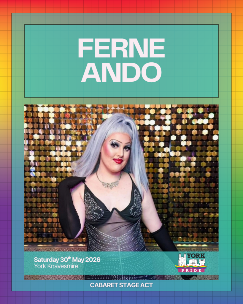 Drag performer in a stunning costume poses on the York Pride cabaret stage. Event: 30th May 2026 at York Knavesmire.